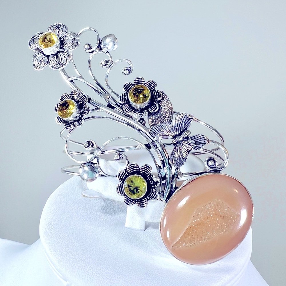 Unique Design! 925 🌼🦋 Large Peach Botswana Agate Gemstone Bangle Bracelet